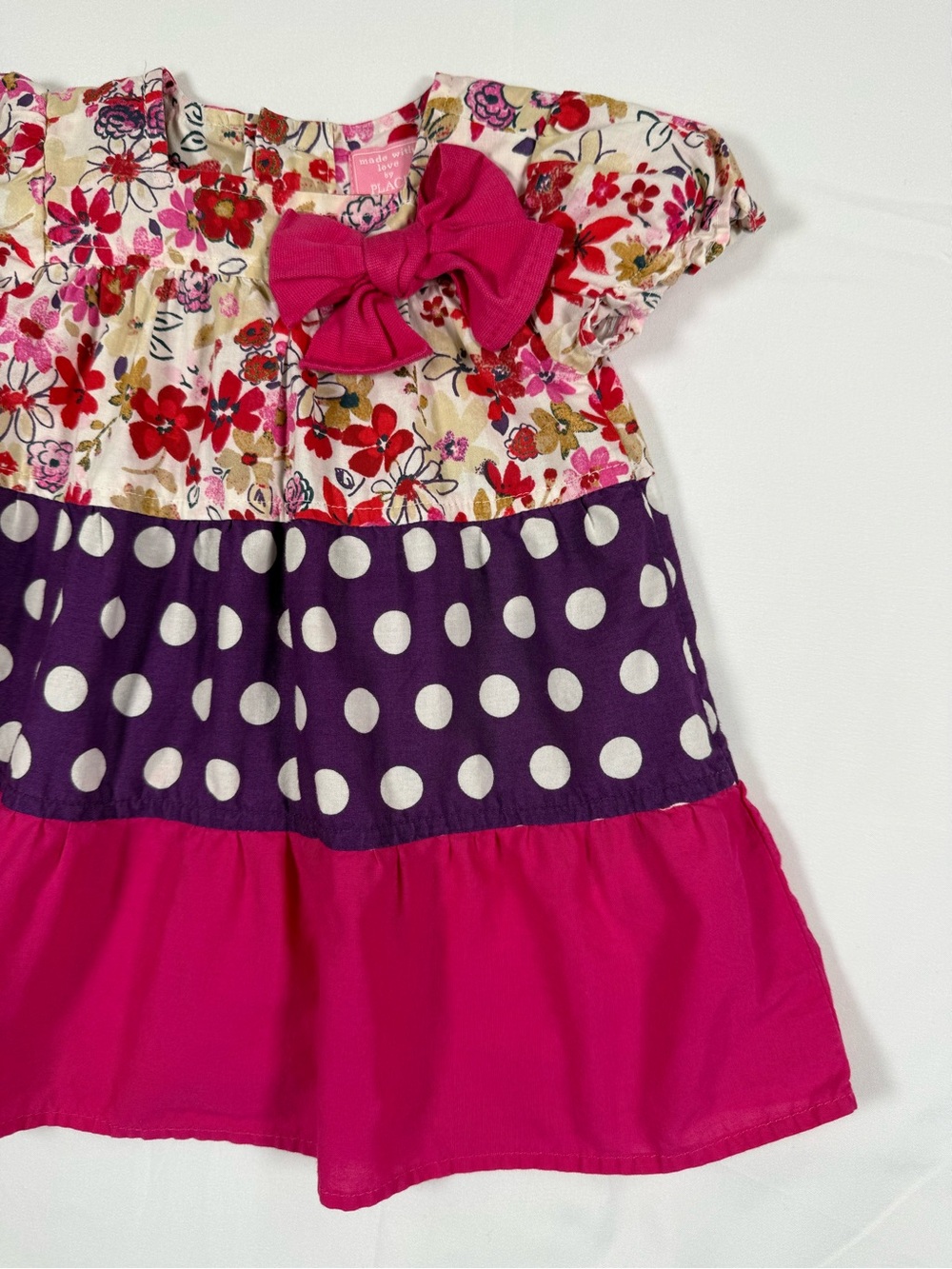 PLACE Girls Floral Polka‎ Dot Bow Dress 0-3m Cottagecore Boutique Retro Coquette - Picture 2 of 11